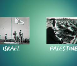 "Israel" with soldiers saluting an Israeli flag and "Palestine"  with an Arab village