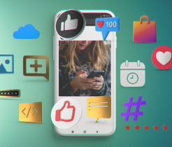 A girl scrolling on her phone with social media icons surrounding her