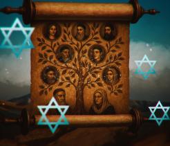 A worn scroll with faces of the ancient Jewish family tree