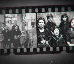 Film strip with black and white photos of families
