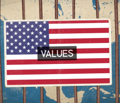 Graphic showing an American flag behind vertical bars with the word ‘Values’ overlaid, used in an educational video about American values in the early 20th century.