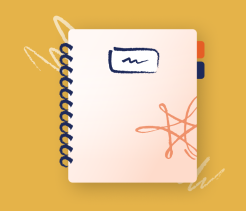 Illustrated spiral-bound notebook on a mustard-yellow background, with abstract doodles and colored tabs along the edge, representing a glossary or reference resource.