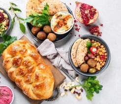 Jewish food on light background. Traditional food concept. Flat lay, top view, copy space