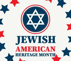 Graphic design for Jewish American Heritage Month featuring a blue Star of David inside a red and blue circular emblem at the top, with the words “Jewish American Heritage Month” in bold blue and red text below. The background is white with scattered red and blue stars.