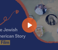 Educational video thumbnail titled “The Jewish American Story on Film,” featuring illustrated portraits of Jewish communities over a world map background.