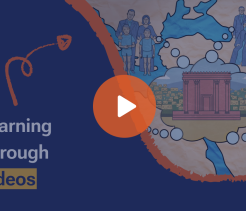 Illustrated interface showing “Learning Through Videos” with a play button over a map-style graphic featuring people and a temple icon.
