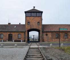 Auschwitz concentration camp, Oświęcim, Poland. Holocaust, Konzentrationslager Auschwitz, Poland. In winter with patches of snow. Train Tracks