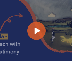 Educational video thumbnail entitled "Lala- teaching with testimony", overlaid with play button