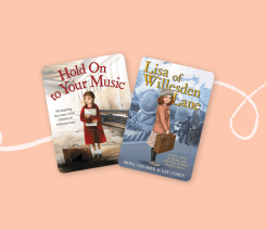 Two illustrated book covers, Hold On to Your Music and Lisa of Willesden Lane, showing young girls with suitcases during World War II.