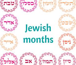 Decorative graphic titled "Jewish months" in teal text at center, surrounded by twelve floral wreaths in pink and orange tones, each containing Hebrew text representing the names of the Jewish calendar months.