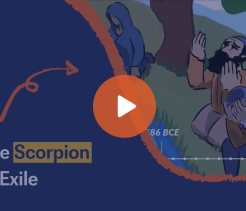 Educational video thumbnail titled “The Scorpion of Exile” showing an illustration of two ancient figures outdoors, one kneeling with hands raised in distress and another covering his face, with a timeline marker reading “586 BCE.”