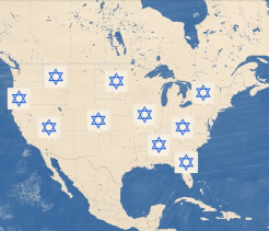 Map of North America marked with multiple blue Star of David icons placed across various regions of the United States and Canada.
