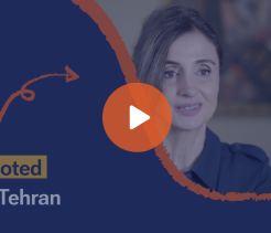 Video thumbnail titled Rooted in Tehran showing a woman speaking on camera, with a play button overlay.