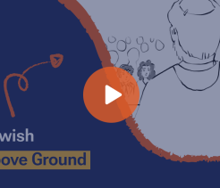 Video thumbnail titled Jewish Above Ground with an illustrated figure facing a crowd, abstract background, and a play button overlay.
