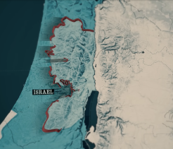 Topographic map of Israel and the West Bank with a red outlined route marking the path of the barrier across the landscape, labeled “ISRAEL.”