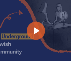 Video thumbnail titled An Underground Jewish Community, with an illustrated scene of two people seated at a table in a dim, underground setting.