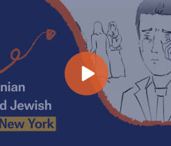Video thumbnail titled Iranian and Jewish in New York, featuring an illustrated man wiping a tear with figures in the background.