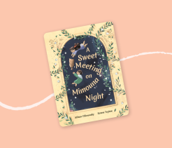 Cover of the children’s book A Sweet Meeting on Mimouna Night, illustrated with children floating through a decorative arch surrounded by plants and stars.