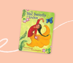 Cover of the children’s book The Blue Butterfly of Cochin, illustrated with a girl dancing among flowers as a blue butterfly flies nearby.