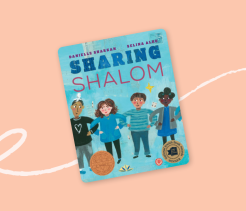 Cover of the children’s book Sharing Shalom, illustrated with four children standing together, smiling, and representing friendship and community.