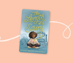 Cover of the children’s book The Length of a String, illustrated with a girl reading a book in front of an amusement park.