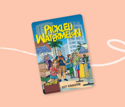 Cover of the children’s book Pickled Watermelon, illustrated with a group of children and adults shopping together at an outdoor market.