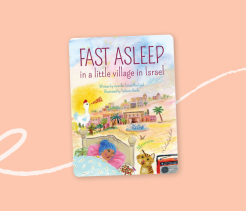 Cover of the children’s book Fast Asleep in a Little Village in Israel, illustrated with a child sleeping while animals and village scenes appear around them at bedtime.