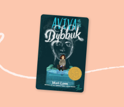 Cover of the children’s book Aviva vs. the Dybbuk, illustrated with a girl sitting on a bed while a ghostly figure looms behind her.
