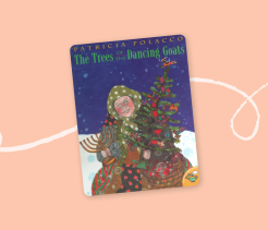 Cover of the children’s book The Trees of the Dancing Goats, illustrated with a child holding a decorated tree and a menorah in a winter setting.