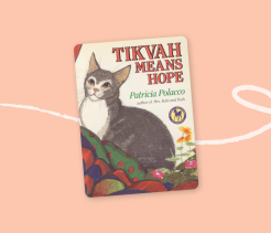 Cover of the children’s book Tikvah Means Hope, illustrated with a gray-and-white cat sitting among colorful plants.
