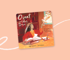 Cover of the children’s book Osnat and Her Dove, illustrated with Osnat Barzani studying at a desk while a white dove rests on her hand.