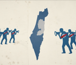 Graphic showing the outline of Israel in the center, flanked by silhouetted figures holding megaphones with crossed-out Star of David symbols on their chests.