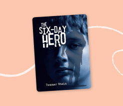 Cover of the book The Six-Day Hero by Tammar Stein, featuring a close-up of a boy’s face with a silhouetted figure reflected across it.