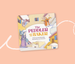 Cover of the children’s book The Peddler and the Baker, illustrated with villagers carrying goods through a hillside town.