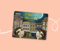 Cover of the children’s book A Moon for Moe and Mo, illustrated with two boys looking up at the moon above a row of city buildings at night.