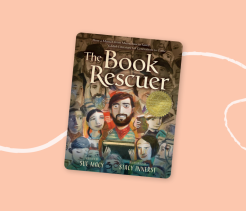 Cover of the book The Book Rescuer, illustrated with a central figure holding a book surrounded by many faces, representing people connected through literature and history.