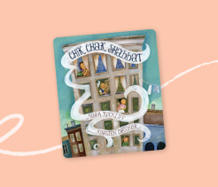 Cover of the children’s book Chik Chak Shabbat, illustrated with children looking out of apartment windows as swirling ribbons suggest the arrival of Shabbat.