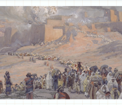Illustration of a long procession of people in ancient dress walking through a desert landscape toward walled city structures in the distance.
