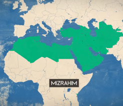 Map of North Africa and the Middle East shaded in green with the label “MIZRAHIM.”

