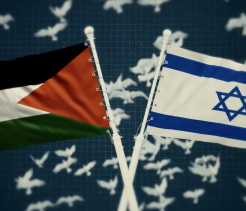 Palestinian and Israeli flags crossed in the center with white dove silhouettes flying in the background.
