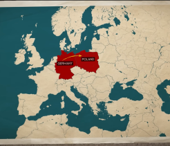 Map of Europe highlighting Germany and Poland in red with an arrow pointing from Germany to Poland.
