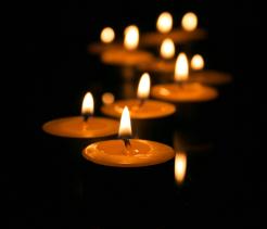 A row of small lit candles glowing in the darkness, their flames softly illuminating the surrounding black background.