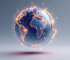 A stylized digital illustration of the Earth floating against a light background, centered on Africa and Europe. The globe glows with orange and gold outlines, with illuminated network lines and nodes connecting continents, symbolizing global technology, data exchange, and digital connectivity.