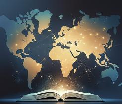 An open book at the bottom of the image emits a warm golden light that rises to form a glowing world map above it. The continents are illuminated against a dark blue background, with small light points and connecting lines suggesting global knowledge, learning, and international connection.