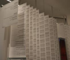Suspended panels displaying timelines and historical text from the early 1930s, used in a museum exhibit to show the progression of events leading up to the Holocaust.