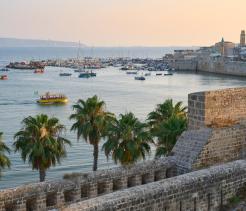 Coastal harbor at sunset with small boats anchored in calm water, palm trees lining a stone fortress wall in the foreground, and a historic city with beige buildings and a tower along the shoreline.