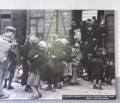 Black and white photograph of Jewish men, women, and children gathered beside a train car at Auschwitz II–Birkenau in 1944, arriving from Hungary. Many carry small bags and wear coats and head coverings; several have visible Star of David badges on their clothing as they step down from the railcar under guard supervision.