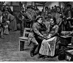 Black-and-white 19th-century engraving of immigrants gathered in a crowded port or station. In the foreground, a seated couple holds hands on a wooden bench beside luggage and baskets, while families and workers in period clothing stand and wait in the background, suggesting arrival or departure during a time of migration.