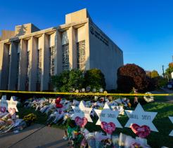A makeshift shrine to the victims of Saturday's deadly shooting outside of Tree of Life synagogue in Pittsburgh.
