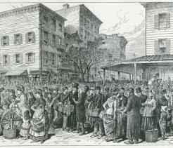 Hester Street Market, New York City's Lower East Side in 1884. The neighborhood was becoming home of Polish and Eastern European Jews emigrating from Russian Empire because of Anti-Jewish pogroms.
